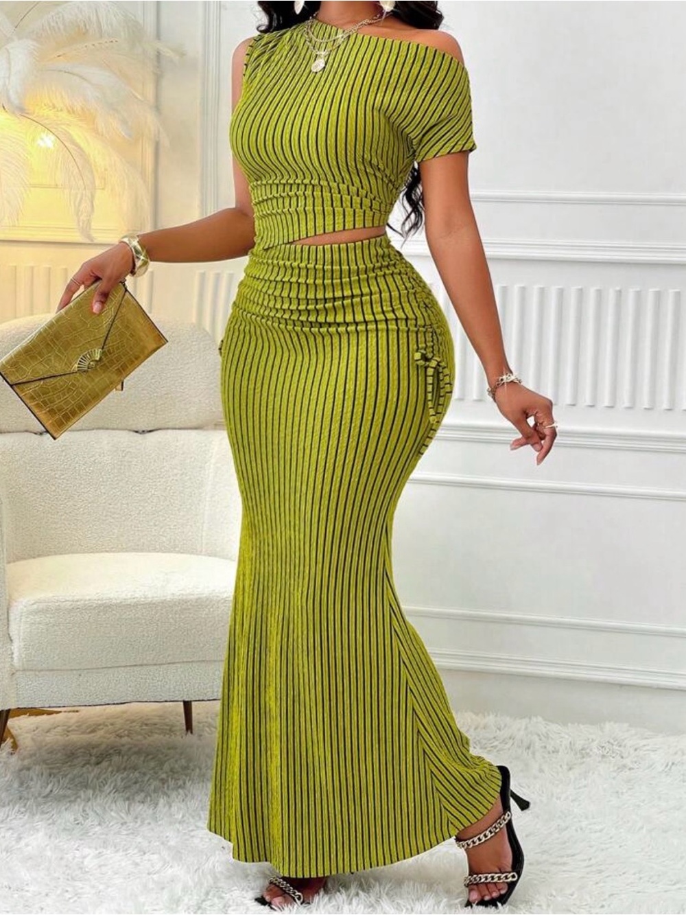 Olive Green Striped Off-Shoulder Maxi Skirt Set